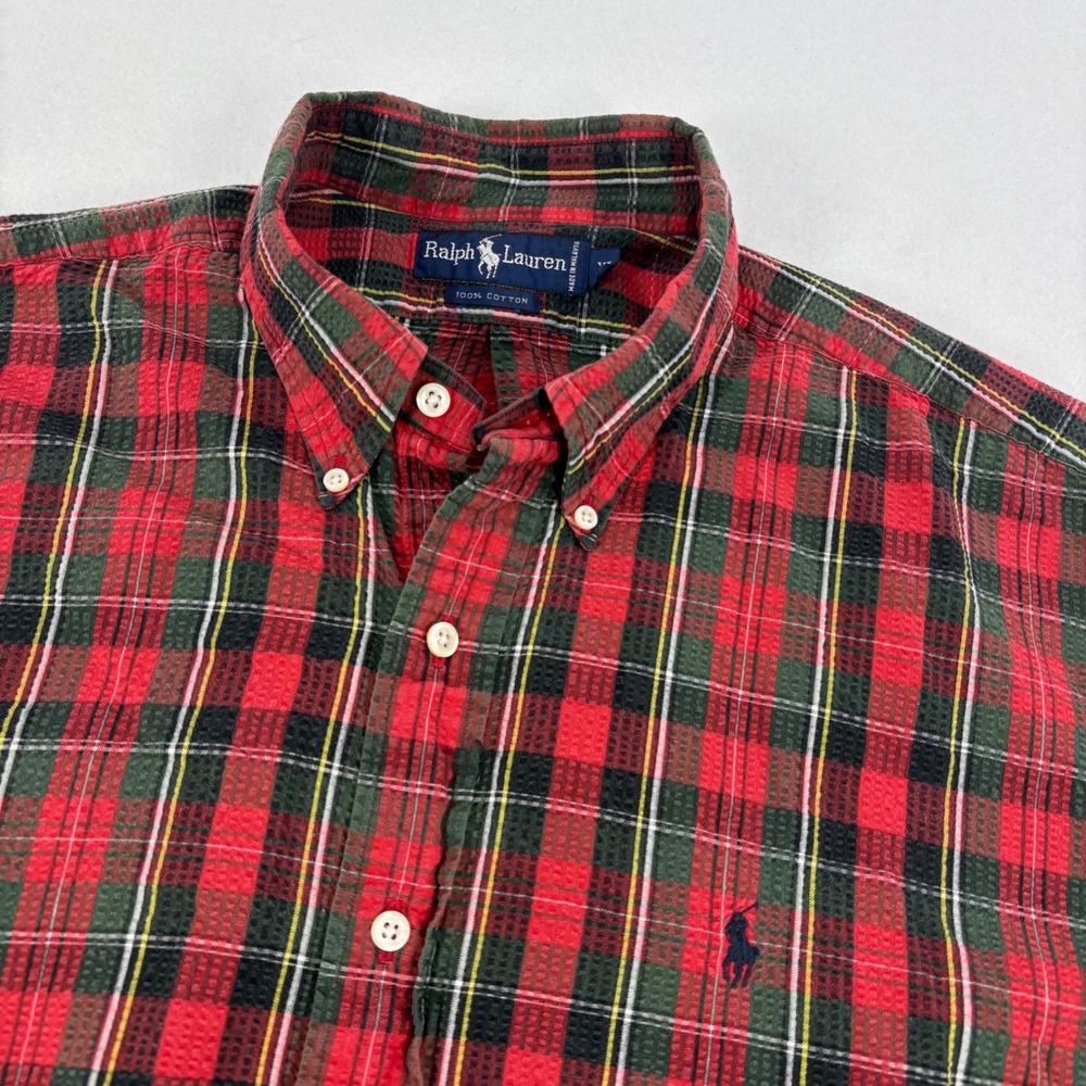 Vintage Ralph Lauren Seersucker Shirt Mens XL Red Plaid Button Down 80s 90s